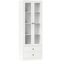 HOMCOM Mueble de almacenamiento moderno con armario de puertas de cristal, estantes ajustables y 2 cajones, 59x30x164 cm, blanco