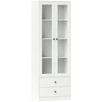 HOMCOM Mueble de almacenamiento moderno con armario de puertas de cristal, estantes ajustables y 2 cajones, 59x30x164 cm, blanco(m-1)