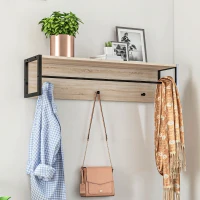 HOMCOM Conjunto de mueble de entrada 2-en-1 banco para zapatos 3 casilleros y perchero de pared 3 ganchos y barra natural y Negro(m-5)