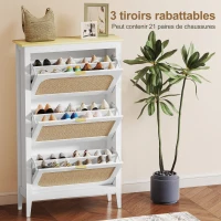 HOMCOM Meuble à chaussures 21 paires bohème avec 3 tiroirs rabattables, portes effet cannage rotin, 80 x 24 x 131 cm, blanc(m-5)
