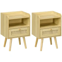 HOMCOM Juego de 2 mesitas de noche con cajón efecto ratán y compartimento abierto, 40x30x60 cm, efecto madera natural(m-1)