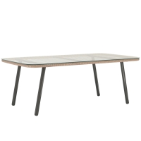 Outsunny Mesa de jardín con tablero de vidrio templado 5 mm, mesa auxiliar para exterior, estructura de acero, efecto madera natural