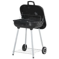 Outsunny Barbacoa de Carbón BBQ con 2 ruedas, utensilios, tapa y estante dim, 56x62x82H cm - metal esmaltado Negro(m-6)