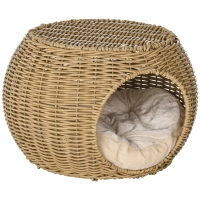 PawHut Niche cama casa para gato 2 niveles en resina trenzada aspecto mimbre con 1 cojín suave 40x30 cm Marrón claro