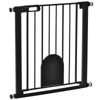 PawHut Barrera de seguridad animales con puerta cierre automático sistema de doble bloqueo, acero Negro(m-6)