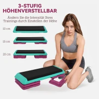 HOMCOM Steppbrett höhenverstellbar Fitness Stepper 3 Stufen (10/15/20 cm) Rutschfest Stepbench für Zuhause Fitnessstudio Büro Kunststoff Schwarz+Grün+Violett(m-4)