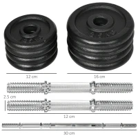 HOMCOM Set de Mancuernas Cortas y Largas 2 en 1 de 20 kg con 8 Discos de Pesas, Hierro Inoxidable, Negro, 95x16x16 cm(m-3)