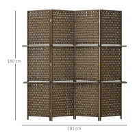 HOMCOM Biombo interior separador de ambientes 4 paneles 2 estantes madera de pino trenzada fibras de papel 181x180 cm Marrón(m-3)
