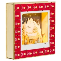 HOMCOM Calendario de Adviento LED, decoraciones navideñas en madera, 24 cajones para rellenar, decoración luminosa, Rojo(m-6)