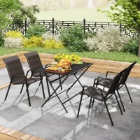 Outsunny Juego de 4 sillas de jardín apilables, silla de exterior con reposabrazos y revestimiento de resina trenzada Marrón(m-4)