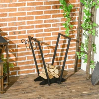 Outsunny Soporte para leña porta leña en acero con 2 ganchos y estante inferior para interior y exterior 45x32x58 cm Negro(m-2)