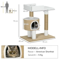 PawHut Árbol Rascador Árbol para Gatos con Casita, 1 Casita, 1 Área de descanso, 70x49x79 cm, Natural + Blanco(m-3)