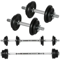 HOMCOM Set de Mancuernas Cortas y Largas 2 en 1 de 20 kg con 8 Discos de Pesas, Hierro Inoxidable, Negro, 95x16x16 cm(m-7)