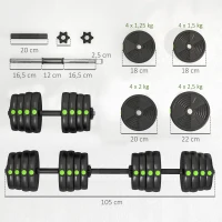 SPORTNOW Kit de Mancuernas 30kg 2 en 1 con Barra de Pesas Mango Antideslizante para Entrenamiento de Fuerza Negro Verde(m-3)