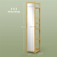 HOMCOM Mueble columna de baño de 6 niveles en bambú con espejo, 6 estantes, natural, 35x35x168 cm(m-3)