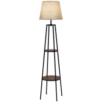 HOMCOM Lampara de Pie 2 estantes de almacenamiento casquillo E27 40 W interruptor de tiro pantalla de tela 42x42x166 cm Negro Marrón(m-7)