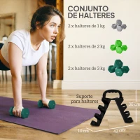 SPORTNOW Conjunto de Halteres 2 x 1kg 2 x 32kg e 2 x 3kg Halteres Hexagonais com Suporte de Armazenamento para Treino Multicor(m-4)