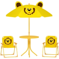 AIYAPLAY Set de muebles de jardín para niños, sillas, mesa, sombrilla, diseño de león, Amarillo