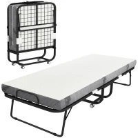 HOMCOM Cama Dobrável 200x75x42,5cm Cama de Campismo Portátil com Colchão Individual Rodas e Freios Carga Máxima 150kg para Dormitórios Branco(m-1)