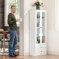 HOMCOM Mueble de almacenamiento moderno con armario de puertas de cristal, estantes ajustables y 2 cajones, 59x30x164 cm, blanco(m-5)