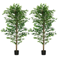 HOMCOM Lote de 2 plantas artificiales ficus altura 1,80 m tronco ramas liana musgo hojas gran realismo maceta incluida Verde
