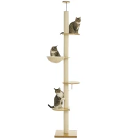 PawHut Rascador de Techo Alto, Seguro antivuelco, Poste de cuerda de sisal, Tablero de madera, Roble+Blanco Crema(m-6)