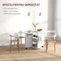 HOMCOM Masă Pliantă, Rulantă, Masă Pliabilă cu Cutie de Depozitare, Rafturi pe 3 Niveluri și Suport, 130x80x76.5 cm, Alb(m-6)