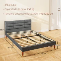 HOMCOM Cama 140x200 cm Estrutura de Cama com Cabeceira Estofada em Linho e Espaço de Armazenamento Debaixo da Cama Cinza(m-3)