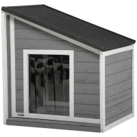 PawHut Caseta para Perros de Madera Maciza, Resistente a la Intemperie, Techo de Asfalto, 71x58x77 cm, Gris + Blanco(m-6)