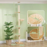 PawHut Rascador de Techo Alto, Seguro antivuelco, Poste de cuerda de sisal, Tablero de madera, Roble+Blanco Crema(m-3)