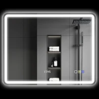 HOMCOM Espejo de Baño con Iluminación LED, Almohadilla Antivaho, 3 Colores Ajustables, Reloj, 700x900 mm, Color Plata(m-6)