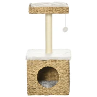PawHut Árbol para gatos de 2 niveles con 1 casita, 1 poste de sisal, 1 plataforma observadora y 1 pompón colgante, mimbre(m-7)
