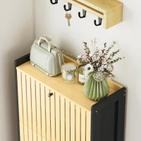 HOMCOM Mueble de Zapatos 18 pares con 3 cajones abatibles, puertas de bambú con lamas, 60x24x118 cm, Negro y madera natural(m-5)