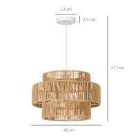 HOMCOM Lámpara Colgante, Pantalla de 3 Niveles, Metal, Cuerda de Cáñamo, Marrón Claro(m-3)