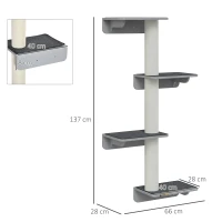 PawHut Árbol Rascador de Pared para Gatos - Juguete de Escalada para Gatos - Rascador en Gris Claro + Beige 66x28x137 cm(m-3)
