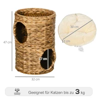 PawHut Torre Rascadora, 47 cm, 2 Cuevas, Cojín, Rascador con Cama para Gatos, Torre para Gatos de Agua Hiácinta, Marrón Claro(m-3)