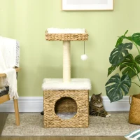 PawHut Árbol para gatos de 2 niveles con 1 casita, 1 poste de sisal, 1 plataforma observadora y 1 pompón colgante, mimbre(m-5)