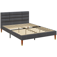 HOMCOM Cama 140x200 cm Estrutura de Cama com Cabeceira Estofada em Linho e Espaço de Armazenamento Debaixo da Cama Cinza