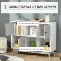 HOMCOM Buffet, meuble de rangement avec 3 portes et 3 compartiments ouverts, pieds en bois de pin, 96x30x75cm, blanc et gris(m-4)