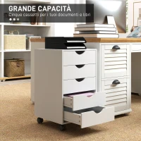 HOMCOM Cassettiera da Ufficio a 5 Cassetti con Ruote Girevoli con Freni, 40x40x67 cm, Bianco(m-4)