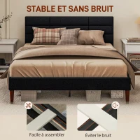 HOMCOM Cadre de lit double 2 personnes avec sommier à lattes et tête de lit capitonnée compatible matelas 140 x 200 cm noir(m-5)