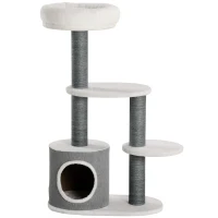 PawHut Rascador con 1 Cueva para Gatos, 1 Cama para Gatos, 2 Plataformas, Poste Rascador de Yute, Blanco + Gris(m-7)