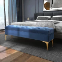 HOMCOM Banco banqueta capitoné pie de cama estilo clásico chic 118x45x42 cm patas de metal dorado terciopelo azul(m-2)
