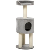 PawHut Árbol rascador para gatos con sisal natural, altura 103 cm, cueva y plataforma de tejido suave en Gris(m-1)