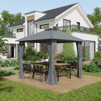 Outsunny Gazebo para jardín con terraza con 4 paredes laterales techo doble protección solar 3x3 m Gris(m-2)