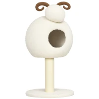 HOMCOM Árbol Rascador para Gatos, Diseño de oveja con cueva y poste rascador, cojín lavable, Blanco Crema + Marrón(m-6)
