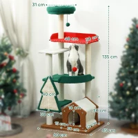 PawHut Árbol para gatos de 135 cm en Colores Navideños con cama, casa, postes rascadores, plataformas de salto y bolas de juguete(m-3)