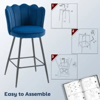 HOMCOM Set of Two Velvet-Feel Lotus Bar Stools - Dark Blue(m-7)