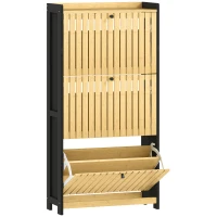 HOMCOM Mueble de Zapatos 18 pares con 3 cajones abatibles, puertas de bambú con lamas, 60x24x118 cm, Negro y madera natural(m-1)