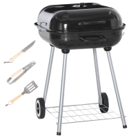 Outsunny Barbacoa de Carbón BBQ con 2 ruedas, utensilios, tapa y estante dim, 56x62x82H cm - metal esmaltado Negro